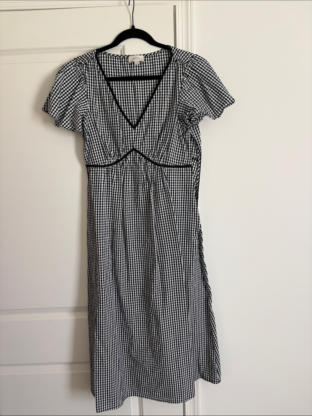 LOFT Black and White Gingham V-Neck Midi Dress - Picture 1 of 1